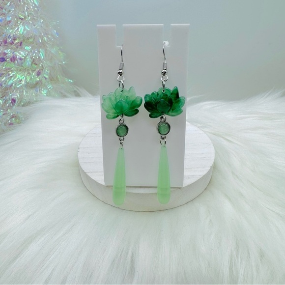 Green Lotus Statement Earrings - Picture 5 of 5